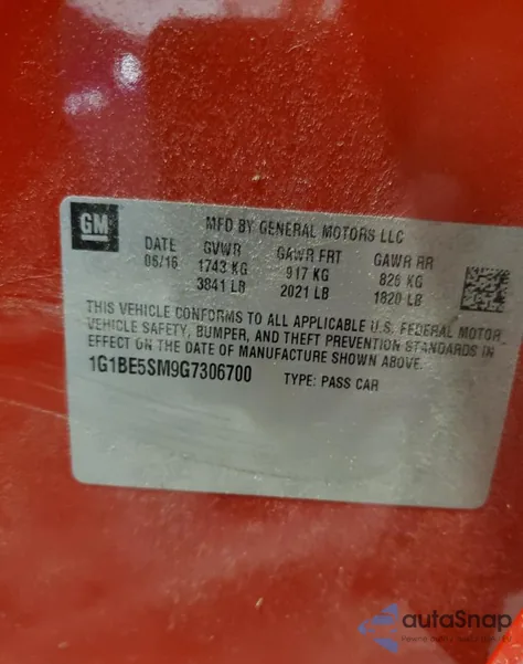 2016 Chevrolet Cruze Lt z USA, uszkodzony, nr VIN 1G1BE5SM9G7306700